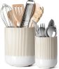 Utensil Holder for Kitchen Counter, 7.3"+5.4" Fluted Ceramic Utensil Crock Organizer for Countertop, Heavy Large Holder for Spatulas, Spoons, Set of 2