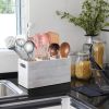 Rustic White Utensil Holder with Removable Divider - 3 Compartment Wooden Utensil Caddy Organizer for Kitchen Counter - Cooking Utensil Crock for Coun